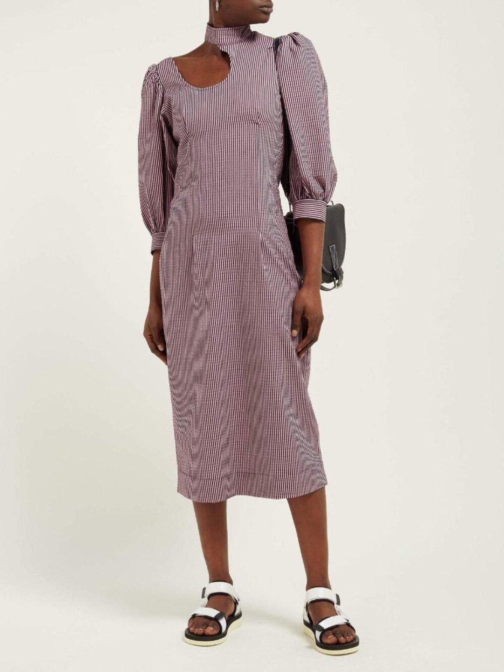Ganni Moonlight Mauve Striped Seersucker Cutout Midi Dress